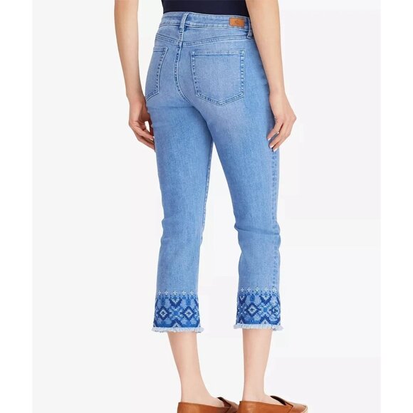 Ralph Lauren Embroidered Blue Straight Crop Jeans Size 16,Stretch,Capri pant - Picture 2 of 12